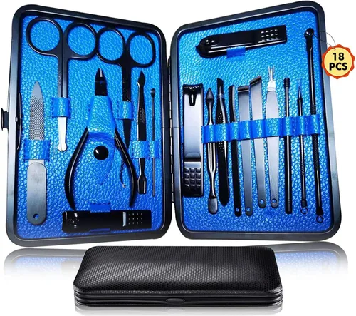 Kit de manicura y pedicura 18 en 1, cortador de uñas de acero inoxidable de alta precisión, tijeras afiladas para hombres y mujeres, tijeras Azul_18