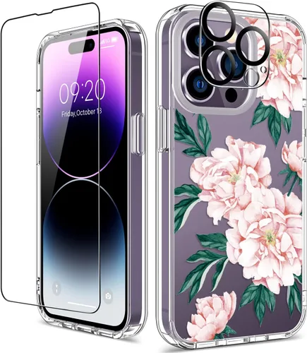 Miniatura 32 de Funda para iPhone 14 Pro con protector de pantalla, 6.1 pulgadas, transparente de cuerpo completo, a prueba de golpes, diseño floral, para niñas