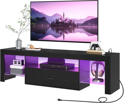 Miniatura 10 de HOOBRO Soporte de TV LED con tomas de corriente para TV de hasta 65 pulgadas, centro de entretenimiento para videojuegos con estantes de vidrio
