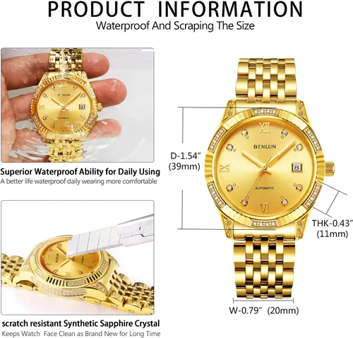 Miniatura 38 de BINLUN Reloj de pulsera para hombre, mecánico automático, reloj dorado con cuerda automática, elegante, chapado en oro de 18 quilates, relojes