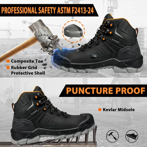 Miniatura 3 de Botas de punta compuesta: botas de trabajo impermeables para hombres, cuero genuino Nubuck, a prueba de pinchazos, suela de goma antideslizante al