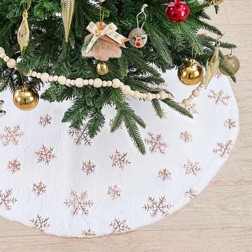 Miniatura 18 de Falda de árbol pequeña de 24 pulgadas, falda de árbol de piel sintética blanca de Navidad de 4 pies, mini copos de nieve de lentejuelas doradas