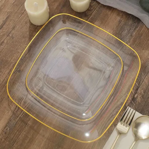 Miniatura 11 de Efavormart - Paquete de 10 platos cuadrados de plástico para postre de 7 pulgadas, color negro con borde dorado, platos desechables para ensalada