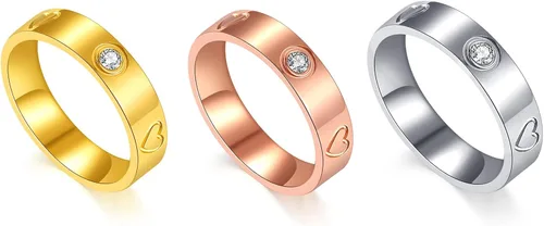 3PCS Love Friendship Rings for Women Girl 18K Gold Silver Rose Plated Cubic Zirconia Titanium Steel Promise Ring Wedding Band Jewelry Birthday Gifts
