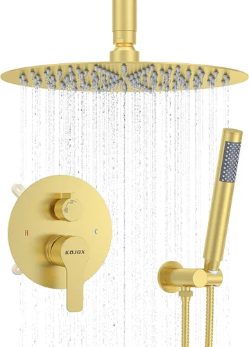 Kojox Sistema de ducha - Juego de grifo de ducha de techo con cabezal de ducha de lluvia de 12 pulgadas y ducha de mano, juego combinado de ducha