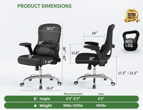 Miniatura 2 de Silla de oficina Silla de escritorio ergonómica cómoda: Silla de computadora de malla de 400 libras, sillas ergonómicas para juegos con ruedas, Negro