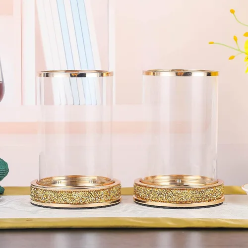 Miniatura 2 de Juego de 2 portavelas de pilar, portavelas de huracán, portavelas con tapa de cristal para huracán, portavelas de metal para mesa de comedor