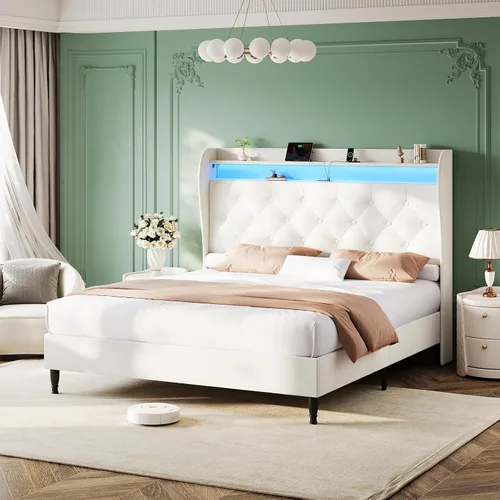 Miniatura 5 de Base de cama tamaño King con cabecera alta, base de cama tapizada con estación de carga y luces LED, moderna cabecera de almacenamiento con respaldo