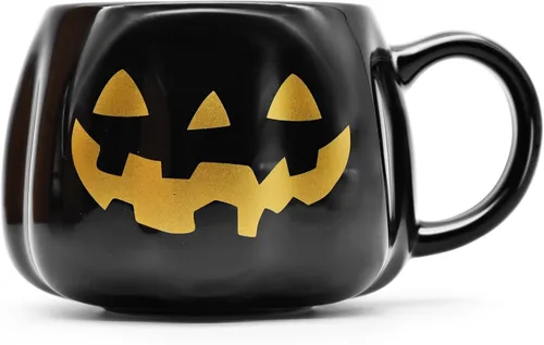 Taza de calabaza negra de Halloween de 12 onzas, taza de café de cerámica Jack O'Lantern con cara dorada, regalos espeluznantes y lindos de