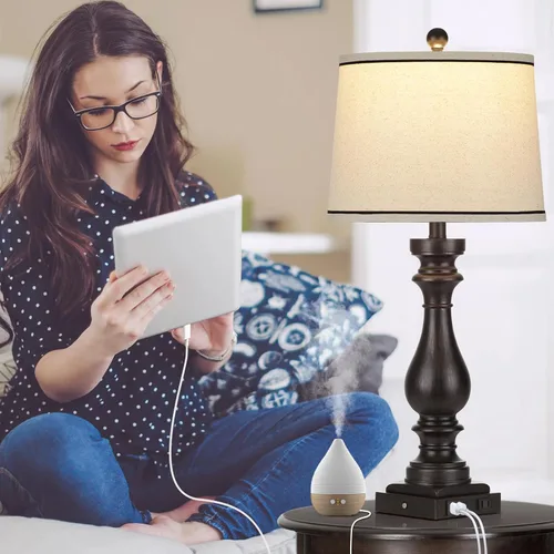 Miniatura 3 de Rinweey - Lámpara de mesa de granja de 29" para sala de estar, lámpara de mesita de noche vintage con puertos USB C+A y salida de AC, lámpara