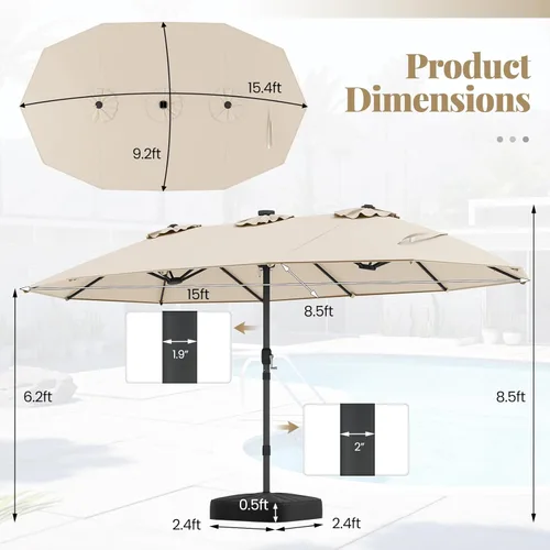 Miniatura 4 de Tangkula Sombrilla solar de doble cara de 15 pies para patio, sombrilla individual extragrande para exteriores con 48 luces LED, parte superior Beige