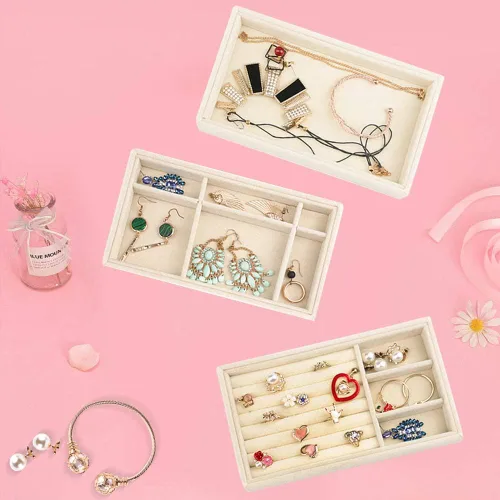 Miniatura 4 de Weiai Joyero acrílico con 3 cajones organizador de joyas de terciopelo aretes anillos collares pulseras vitrina regalo para mujeres niñas beige