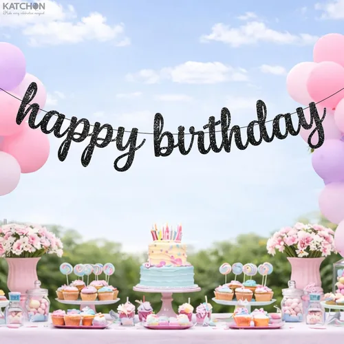 Miniatura 7 de KatchOn, Cartel de feliz cumpleaños negro cursivo con purpurina – pre-encordado, 10 pies Cartel de feliz cumpleaños Decoraciones de cumpleaños