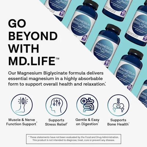 Miniatura 2 de MD.LIFE Bisglicinato de magnesio 300 mg - Cápsulas de quelato de bisglicinato de magnesio de alta absorción para relajación muscular, apoyo nervioso