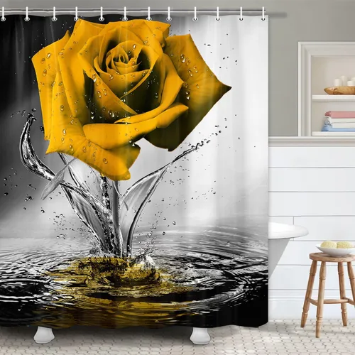 Miniatura 23 de JAWO Cortina de ducha con diseño de rosas, románticas flores y rosas rojas reflejadas en el agua, cortina de baño de tela, cortina de baño negra