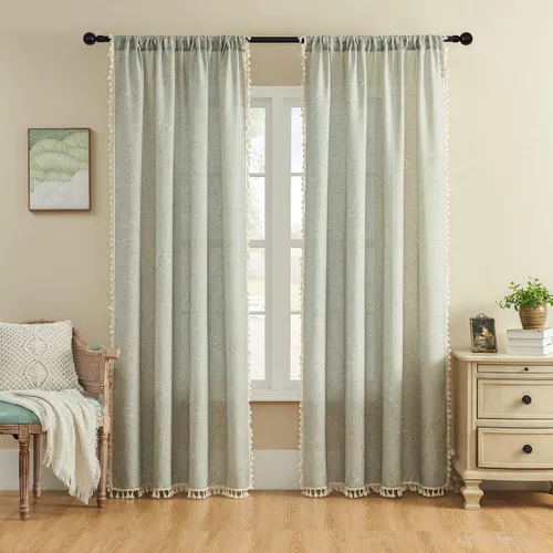 Miniatura 36 de Joydeco Cortinas Bohemias Beige de 63 Pulgadas de Largo 2 Paneles, Cortinas de Granja Bohemias Súper Suaves con Borlas, Cortinas Semitransparentes