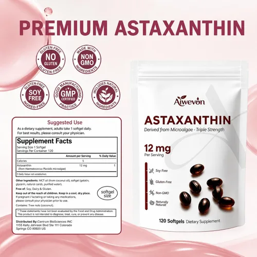 Miniatura 7 de Suplemento de astaxantina de 12 mg de cápsulas blandas, astaxantina natural de microalgas con aceite MCT para absorción, potente apoyo antioxidante