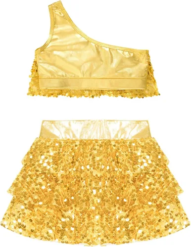 Miniatura 50 de JEATHA Top corto con borlas y lentejuelas brillantes para niñas, con minifalda, jazz latino, salsa, samba, rumba, baile