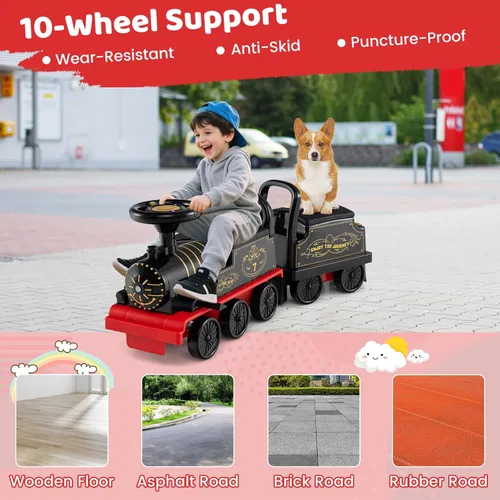 Miniatura 5 de Costzon Tren de paseo de 2 plazas con carruaje, juguete de 6 V con almacenamiento debajo del asiento, reposapiés, silbato de tren, música y luces