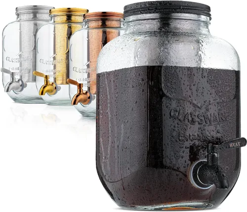 BTAT - Cafetera de café frío de 1 galón, jarra de vidrio grueso con filtro de acero inoxidable, tapa y espiga, cafetera de café helado y té solar,