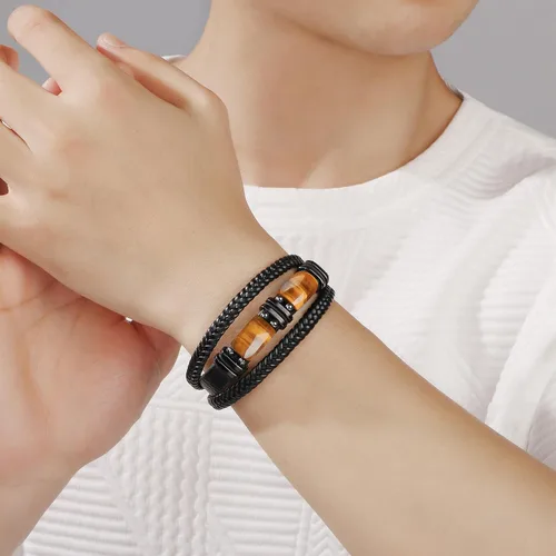 Miniatura 2 de Mens Leather Bracelets for Him Son Birthday Gift for Boyfriend Husband Brother Father's Day Gifts for Dad To My Men Bracelet with 2 Tiger Eyes for