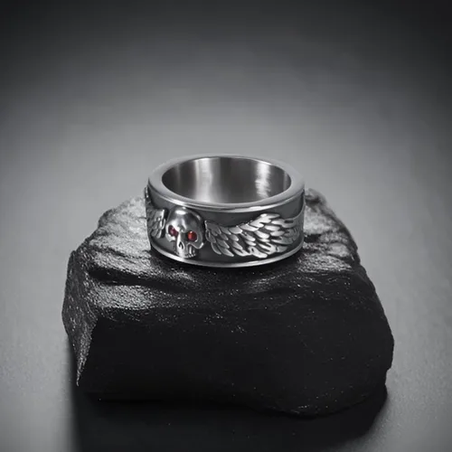 Miniatura 10 de Anillos de calavera gótica vintage para hombres y mujeres, acero inoxidable, ónix negro, anillo de póquer, anillo de esqueleto plateado