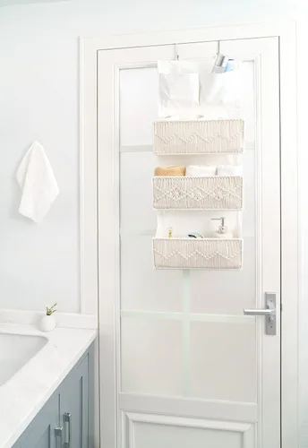 Miniatura 5 de Mkono Organizador de macramé sobre la puerta, decoración bohemia para colgar del cuarto de bebé, con 3 bolsillos grandes tejidos, organizador