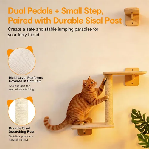 Miniatura 7 de Estantes de pared 5 en 1 para gatos de interior, muebles de gato montados en la pared con estación de alimentación y hamaca extra ancha, escalador