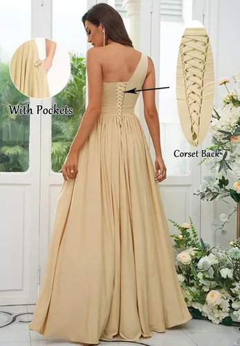 Miniatura 2 de Vestido largo de gasa con un hombro descubierto para mujer, sin mangas, plisado, formal, con abertura
