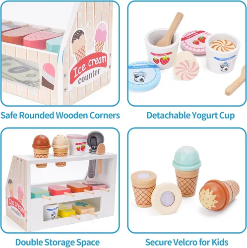 Miniatura 5 de Juego de Heladería de Madera para Niños, Juego de Cocina para Niñas Pequeñas, Juguetes de Simulación para Regalo para Niñas o Niños de 3, 4, 5, 6