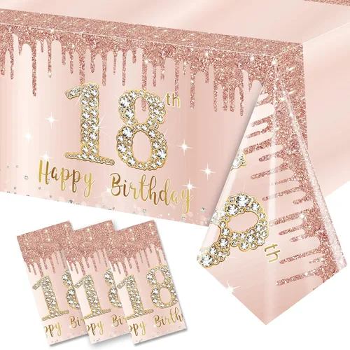 Miniatura 7 de Excelloon Paquete de 3 Manteles de Cumpleaños 50, Mantel de Cumpleaños Feliz de Rosa Púrpura y Oro Rosa, Mantel Desechable de Plástico Rectangular