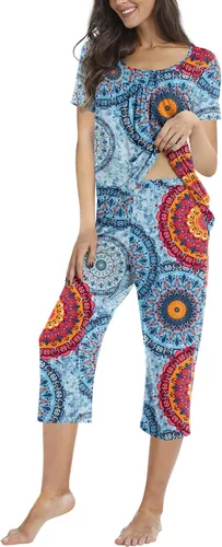 Miniatura 2 de POPYOUNG Conjunto de pijama casual de 2 piezas para mujer, con pantalones capri cómodos y bolsillos, ropa de dormir