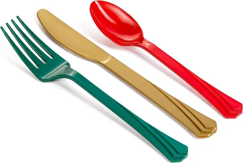 Miniatura 3 de Cubiertos de plástico pesados, cubiertos desechables rojo/verde/dorado, 240 piezas, 80 de cada tenedor, cuchillos, cucharas