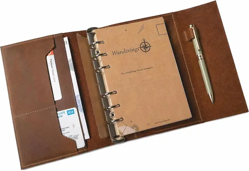 Miniatura 3 de WANDERINGS Diario de carpeta de cuero A5, organizador de 6 anillos hecho a mano con bolsillos, planificador de cuero con insertos de planificador