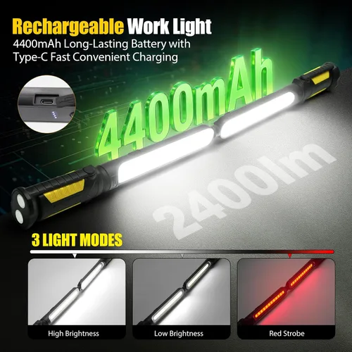 Miniatura 4 de SYLSTAR Luz de trabajo para mecánico, LED de 2400 lúmenes, 4400 mAh recargable, magnética, luz de trabajo debajo del capó con ganchos