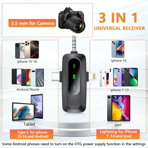 Miniatura 2 de Micrófono Lavalier inalámbrico 3 en 1 para iPhone, iPad, Android, cámara, paquete de 2 mini micrófonos profesionales con pantalla LED, clip