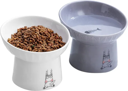 Miniatura 9 de Platos elevados de cerámica para gatos de 6.5 pulgadas extra anchos, cuenco de comida y agua para gatos inclinado y elevado de porcelana, platos