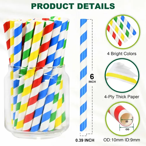 Miniatura 2 de Pajitas desechables de papel a rayas coloridas de 6 pulgadas, 100 unidades para batidos, batidos y bebidas gruesas, biodegradables