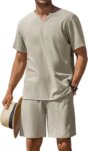 COOFANDY Conjunto de 2 piezas de algodón y lino para hombre, camisa Henley de manga corta y pantalones cortos casuales de playa, trajes de yoga de