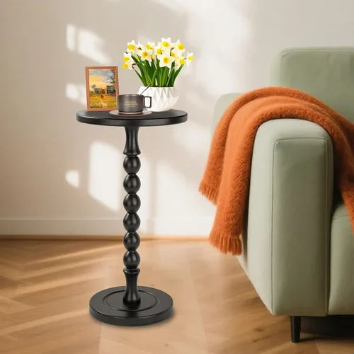 Miniatura 6 de Mesa auxiliar redonda para espacios pequeños, mesa de bebidas con pedestal de madera de roble, mesa auxiliar moderna para sala de estar, dormitorio