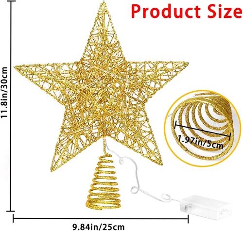 Miniatura 2 de DULEFUN Estrella LED de 11.8 Pulgadas para la Punta del Árbol - Adorno de Metal Dorado con 20 Luces para Decoración de Árbol de Navidad y Decoración