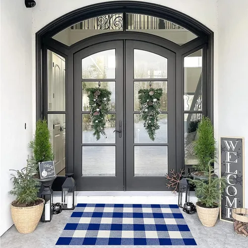 SEEKSEE - Alfombra de algodón a cuadros de búfalo 27.5"x43" azul y blanco, alfombra lavable para felpudo, alfombras de interior y exterior para