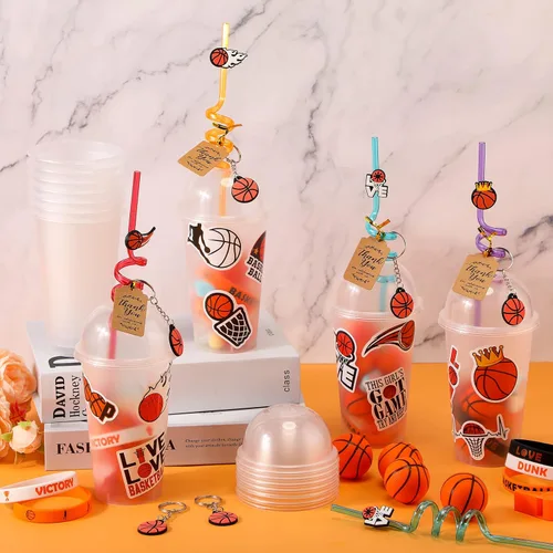 Miniatura 3 de Weysat Juego de 268 piezas de regalos de fiesta de baloncesto para 24 personas, regalos de cumpleaños, tazas de golosinas con pajitas, llaveros