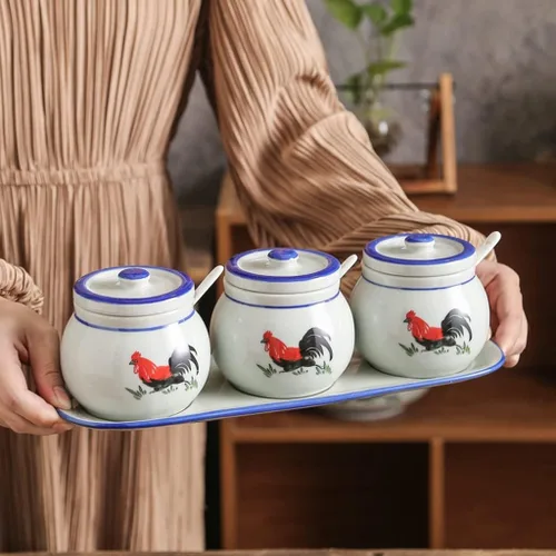 Miniatura 3 de Tarros de especias retro de cerámica para condimentos, sal y glutamato monosódico, tarro de condimento para cocina casera con tapa, cuchara, aceite