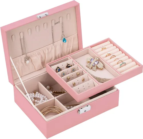 Smileshe Joyero para mujeres y niñas, organizador de piel sintética con cerradura, 2 capas extraíbles de almacenamiento de viaje para anillos,