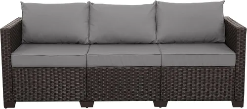 Miniatura 9 de Valita Muebles de patio de 3 asientos, sofá de mimbre marrón, muebles de exterior, sofá de exterior, asiento profundo, respaldo alto, funda Azul