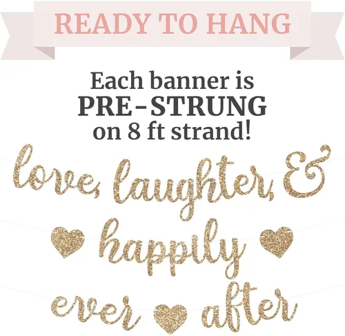 Miniatura 3 de Cartel preencordado con texto en inglés "Love Laughter & Happily Ever After", "No hazlo tú mismo" – Cartel dorado con purpurina para despedida