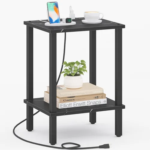 Miniatura 10 de TUTOTAK Mesa auxiliar con estación de carga, pequeña mesa auxiliar con tomas de corriente, mesita de noche, mesa de cabecera, estante de Gris beige