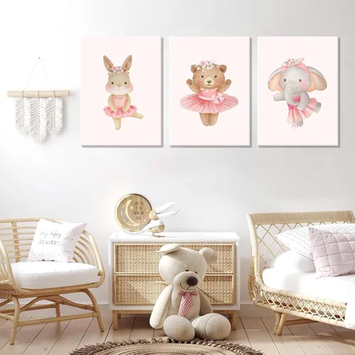 Miniatura 3 de 3 piezas de lienzo de animales de bailarina rosa, arte de pared, lindo elefante, conejo, oso, decoración de pared, imágenes de guardería, habitación