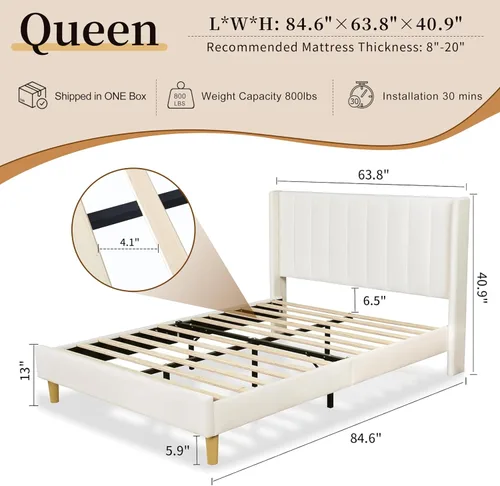 Miniatura 2 de Base de cama Queen con cabecero, base de cama de plataforma con respaldo de terciopelo vertical copetudo, soporte de listones de madera, no necesita